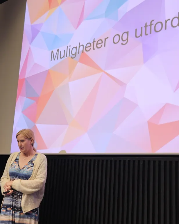 En person som står foran en stor skjerm