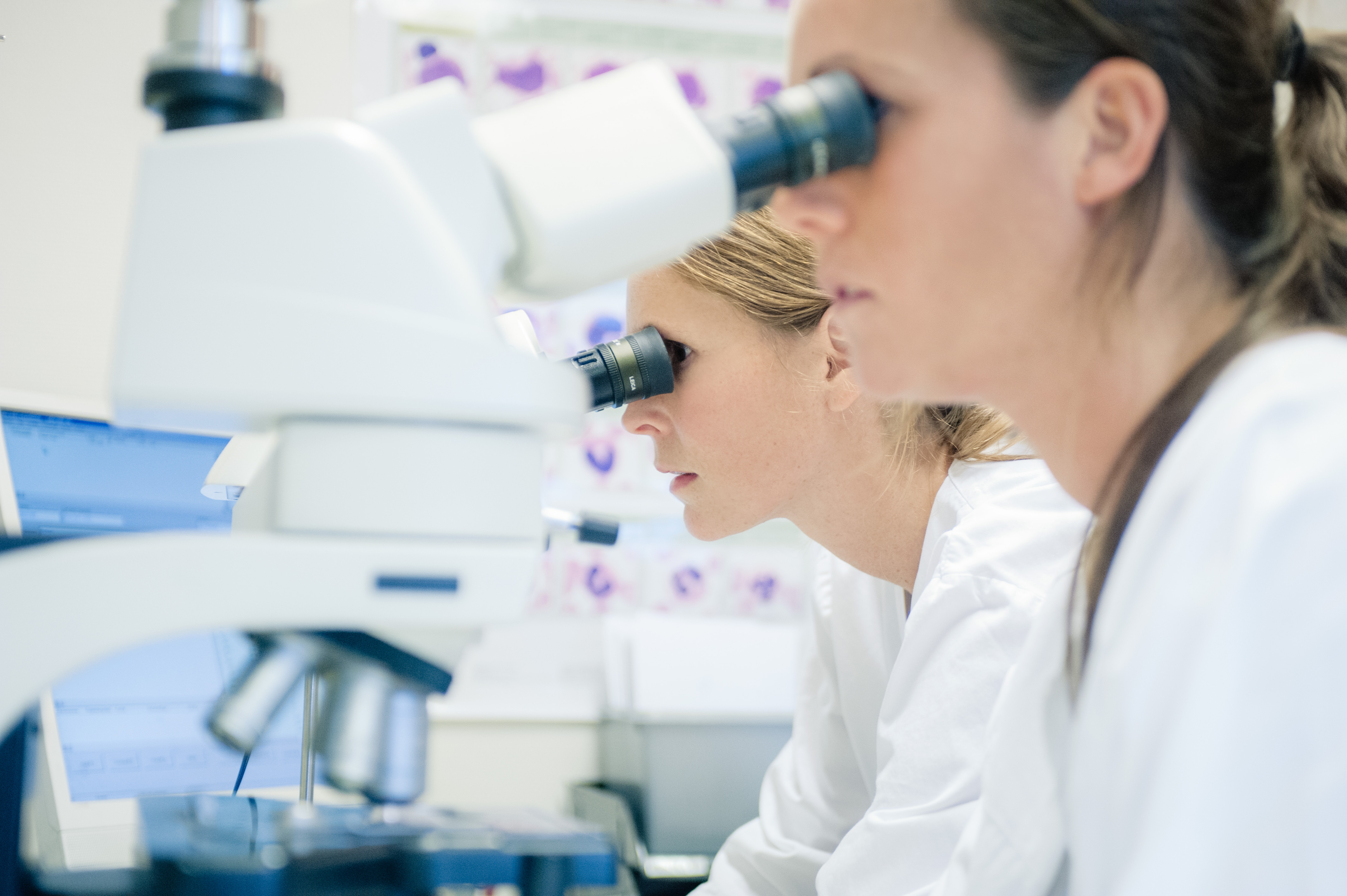 Et par kvinner som ser gjennom mikroskoper