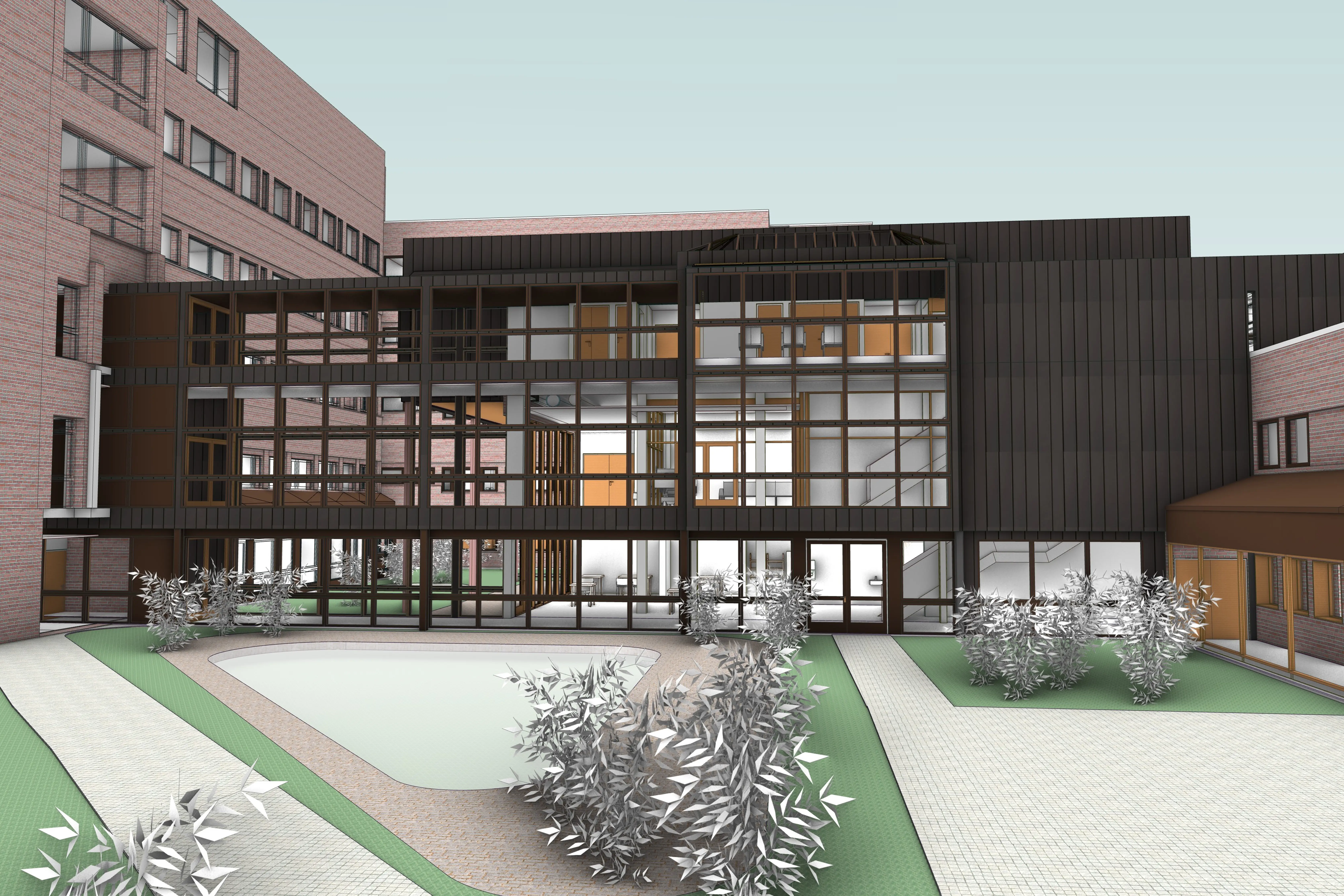 G-fløy sett innenfra atriet på sykehuset mot vest.