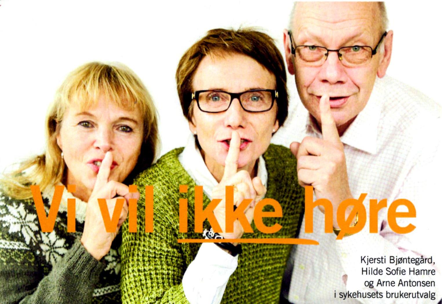 Foto av tre personer med fingeren foran munen og teksten 