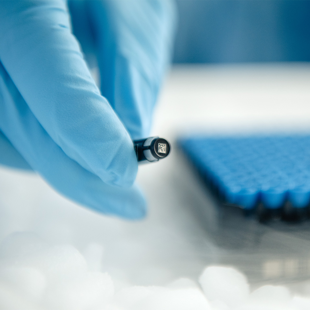 Et nærbilde av en person iført en blå hanske